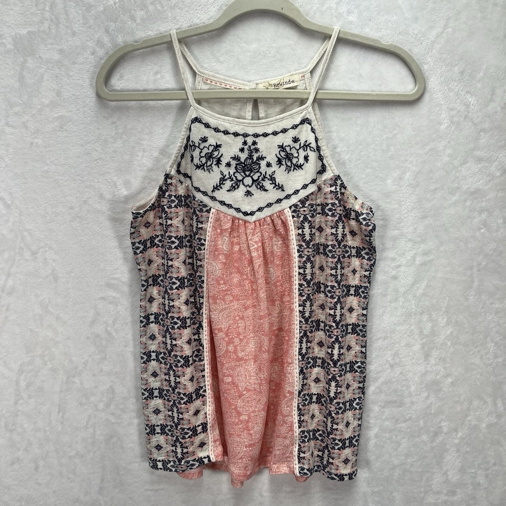Rewind Sleeveless Embroidered Top Womens Medium Floral Keyhole Back Summer